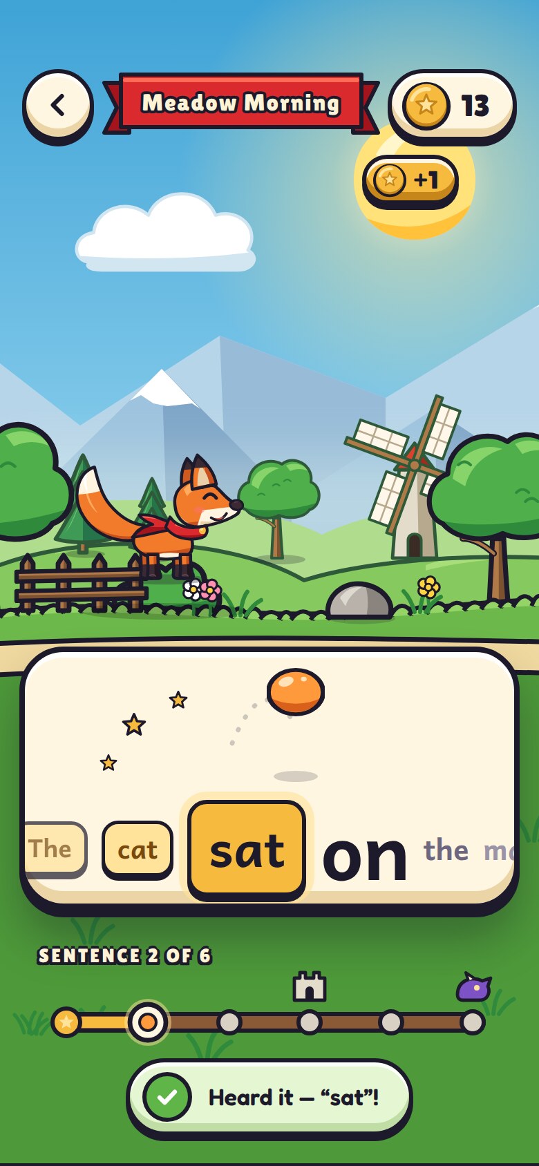 Hop Tales reading screen: the word 'sat' just heard